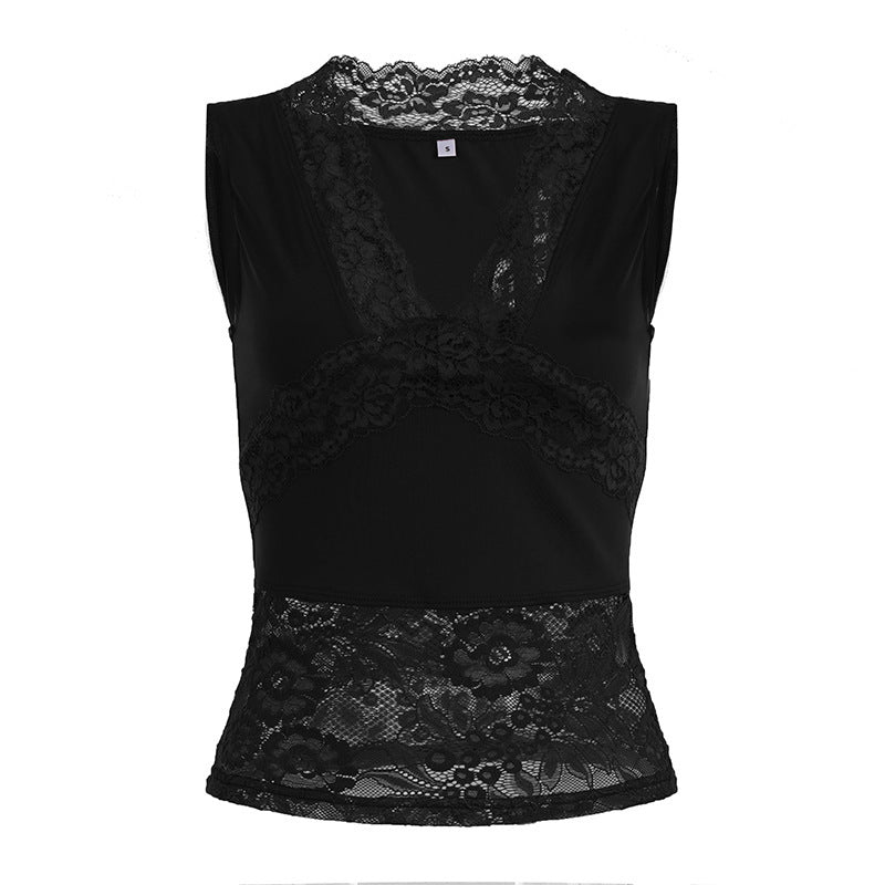 Damen-Spitzen-Tanktop mit tiefem V-Ausschnitt und dekorativen Rüschendetails Drune
