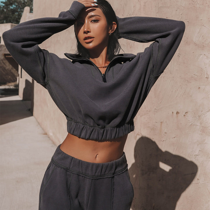 Damen nan kurzes Kapuzen-Sweatshirt mit halbem Reißverschluss elastischem Saum und Kontrastnähten Drune