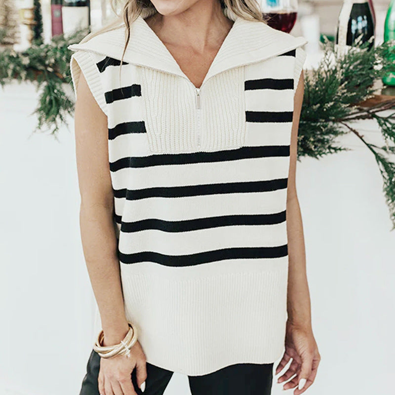 Damen ärmelloses Stricktop mit hochgeschlossenem Reißverschluss und diagonalen Streifen Drune