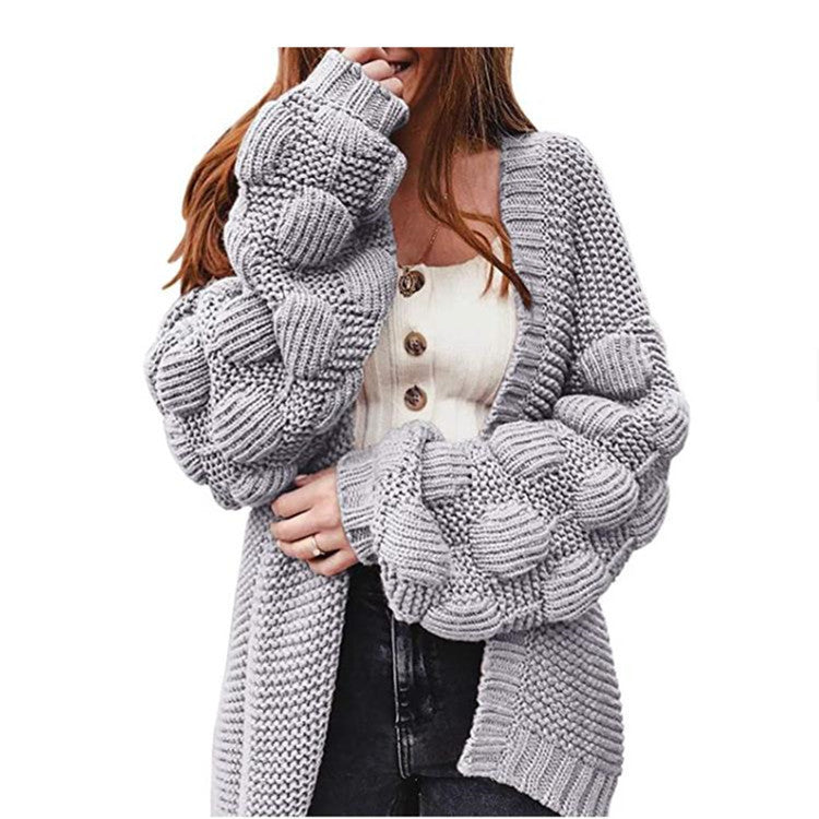 Damen Grobstrick-Cardigan mit voluminösen Puffärmeln und elegantem V-Ausschnitt Drune
