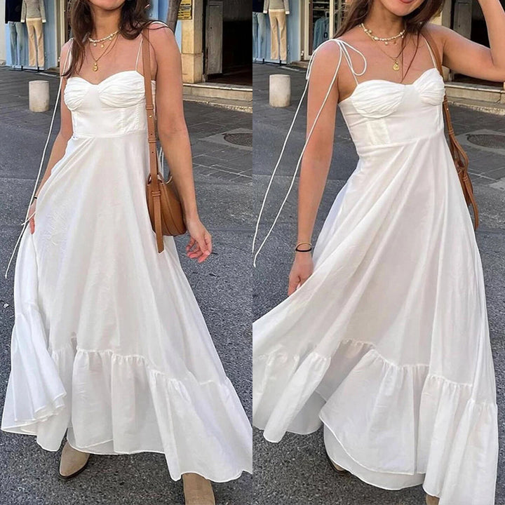 Damen Maxikleid mit rüschengeschichtetem Saum und tailliertem Oberteil Drune