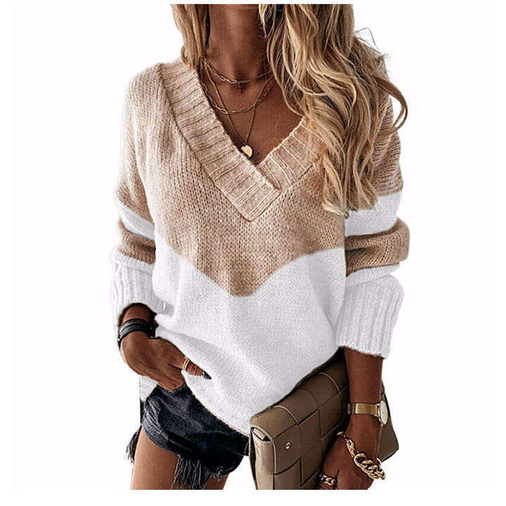 Damen nan V-Ausschnitt Strickpullover mit Chevron-Muster und Oversize-Schnitt Drune