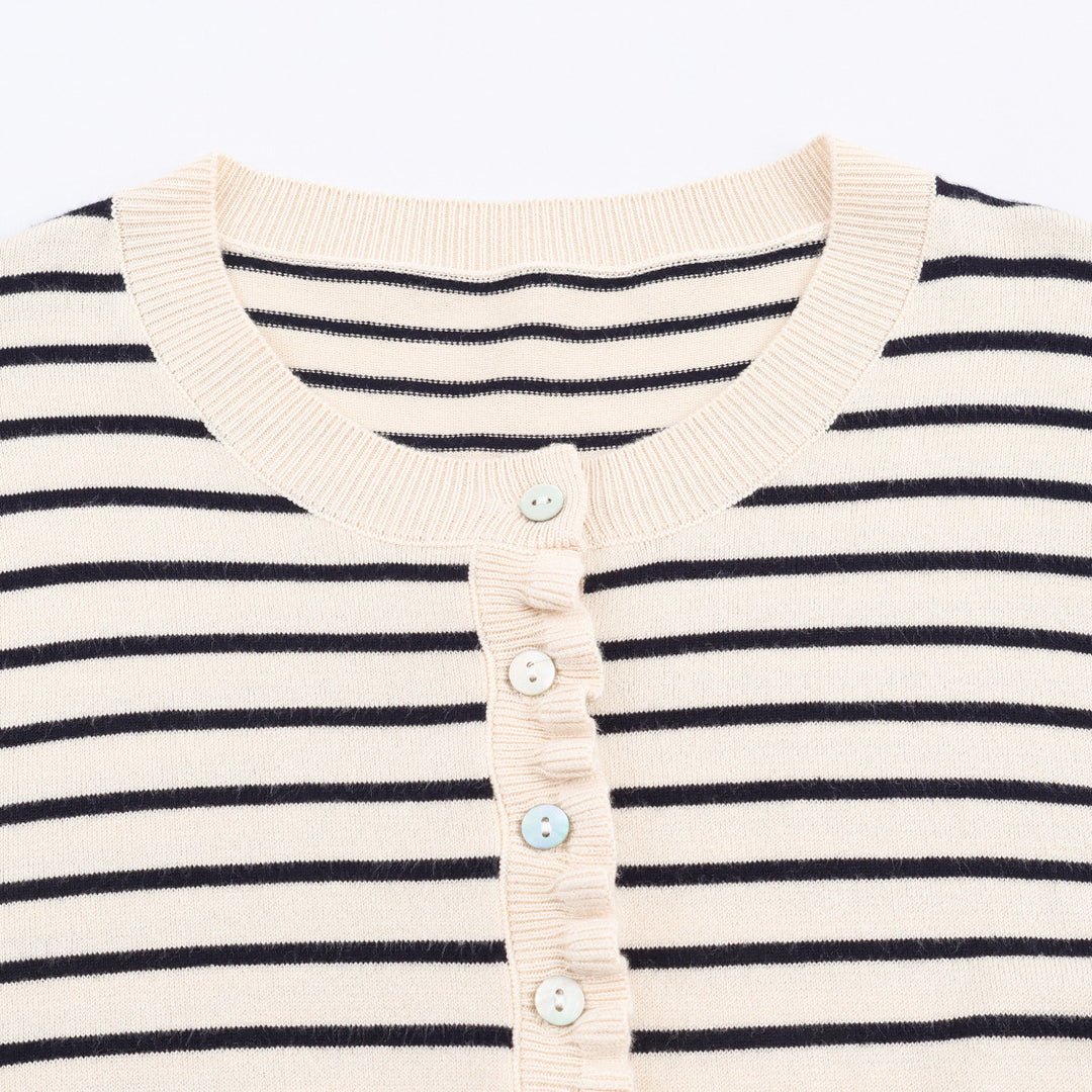 Damen gestreifte Strickjacke mit Rüschendetails und Knopfverschluss Drune