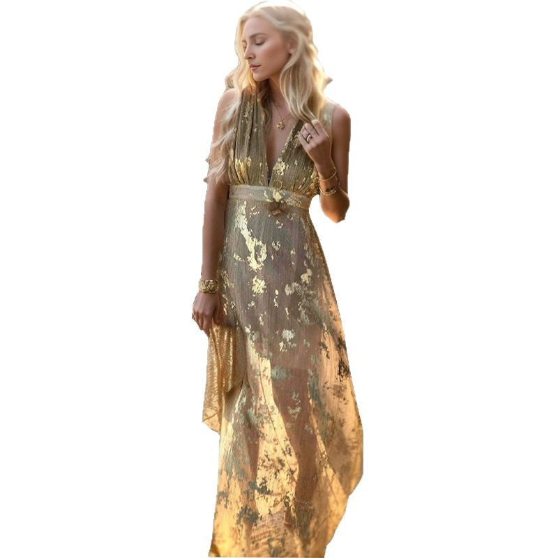 Damen Elegantes Maxi-Kleid mit filigranem Goldmuster und V-Ausschnitt Drune
