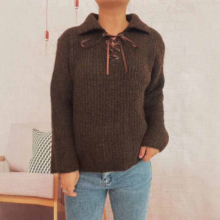 Damen lässiger Pullover mit femininer Schnürung und weichem Strick Drune