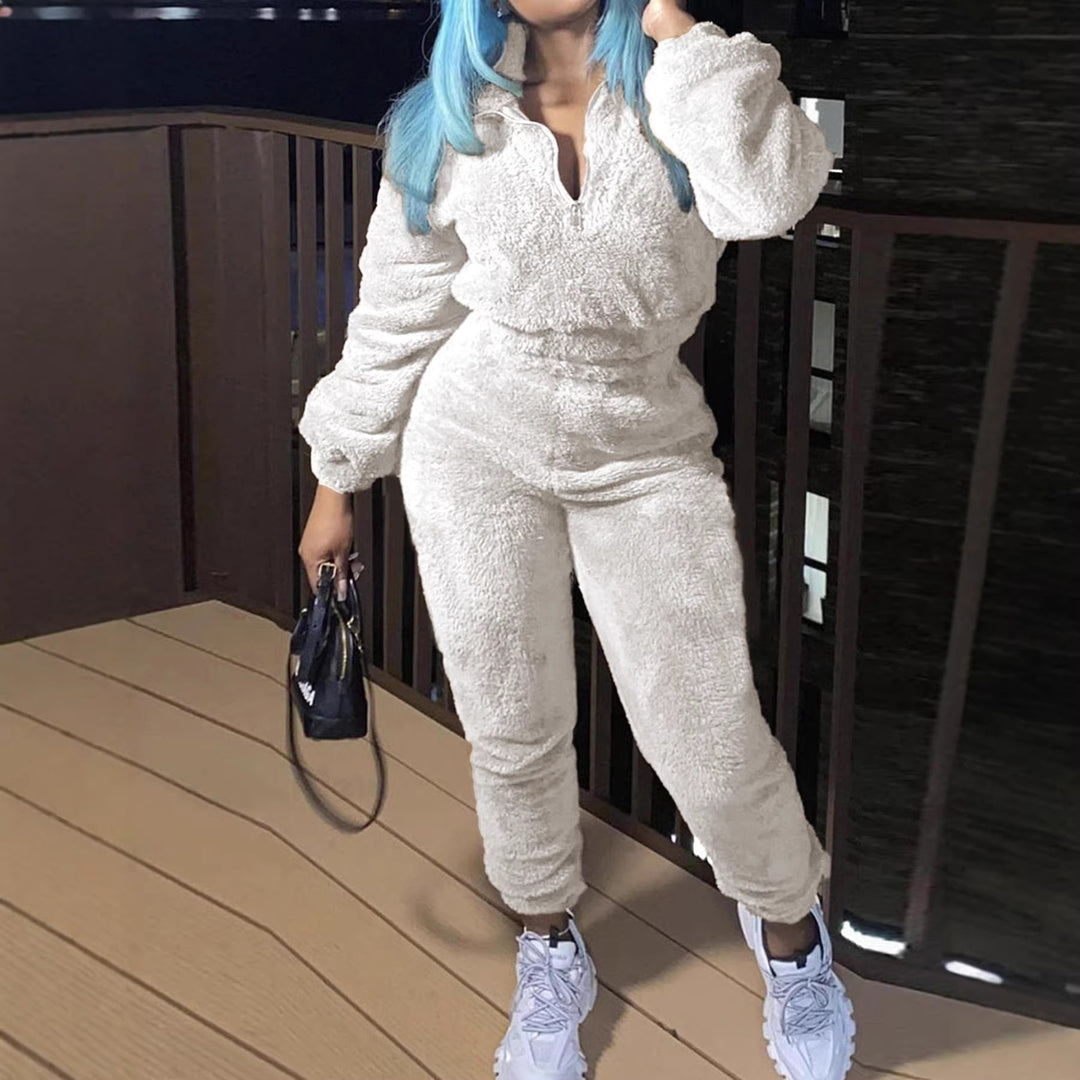 Damen nan kuscheliges Teddy-Fleece Zweiteiler mit Halbreißverschluss und High-Waist Jogginghose Drune
