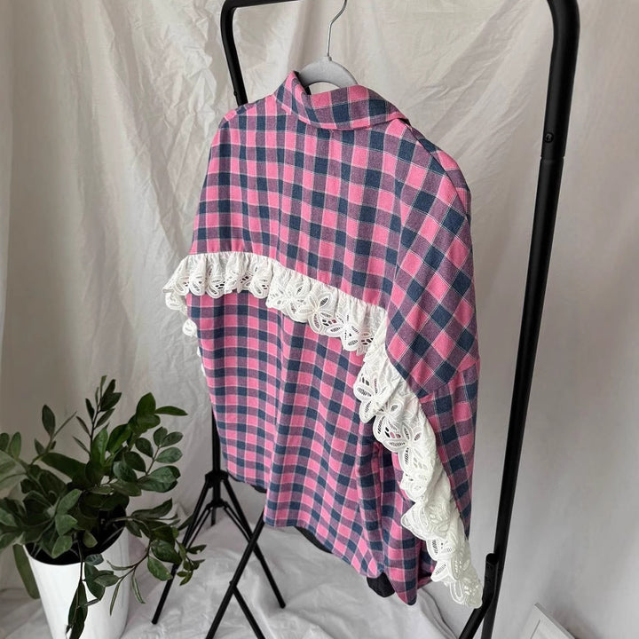 Damen Oversize Karoshirt mit romantischem Spitzenbesatz Drune