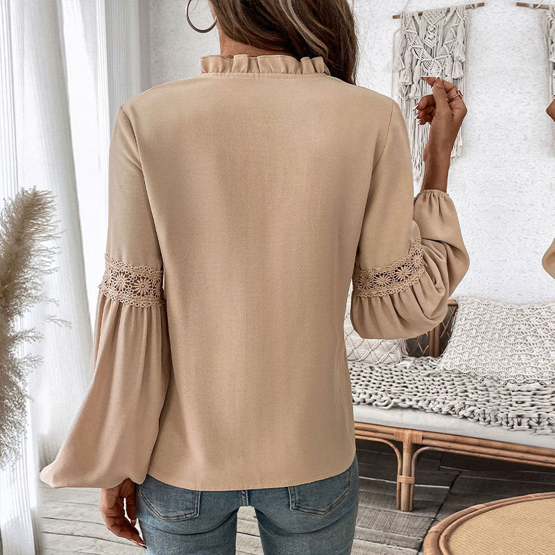 Damen elegante Longbluse mit feinen Falten und Spitzenakzenten Drune