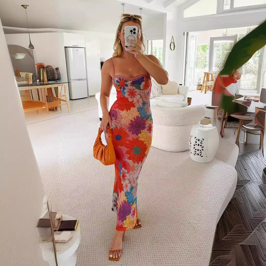 Damen Blumen-Midi-Kleid mit Spitzenträgern und figurbetontem Schnitt Drune