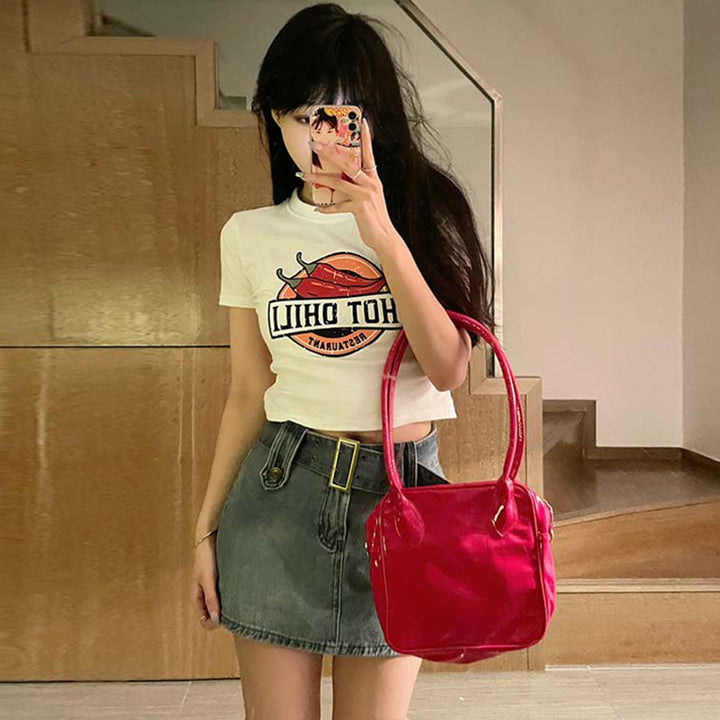 Damen lässiges Crop-Top mit kreativem Druck Drune