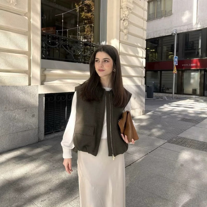 Damen Kurzärmlige Weste mit Taschen und Reißverschluss Drune