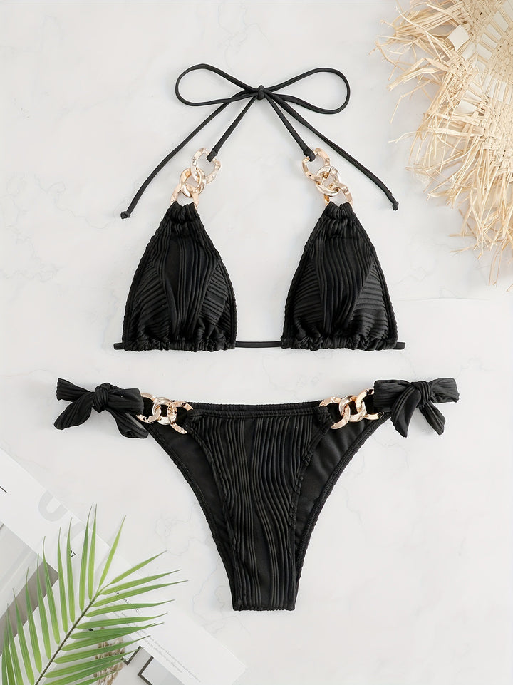 Damen Bikiniset mit luxuriösen Rüschen und goldenen Kettenakzenten Drune