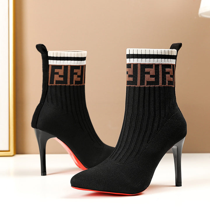 Damen nan elegante Strick-Socken-Stiefelette mit schmalem Stilettoabsatz und elastischem Schaft Drune
