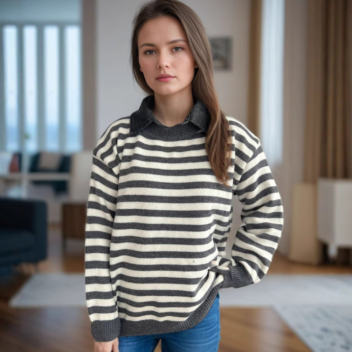 Damen lässiger Pullover mit strukturellem Streifenmuster und modischem Kragen Drune