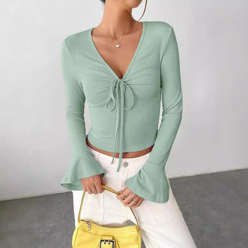 Damen Langarmshirt mit Krawatte und weiten Ärmeln Drune