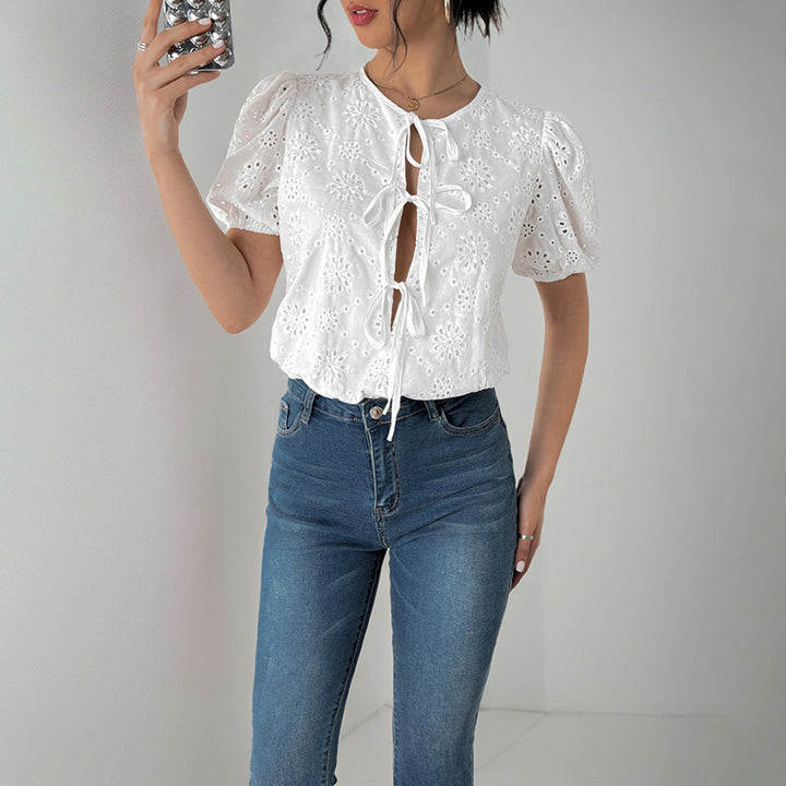 Damen Puffärmel Bluse mit dekorativen Blumenmustern und Kordelzug Drune
