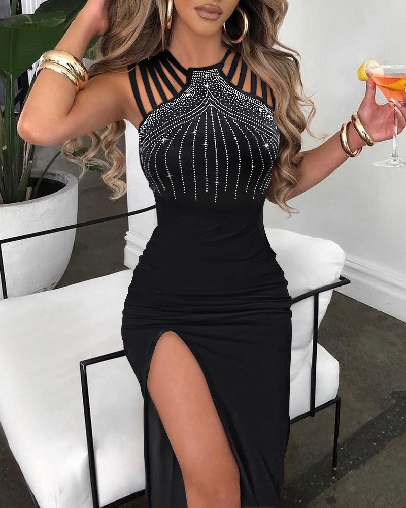 Damen elegantes Maxikleid mit glitzernden Strassdetails und sexy Schlitz Drune