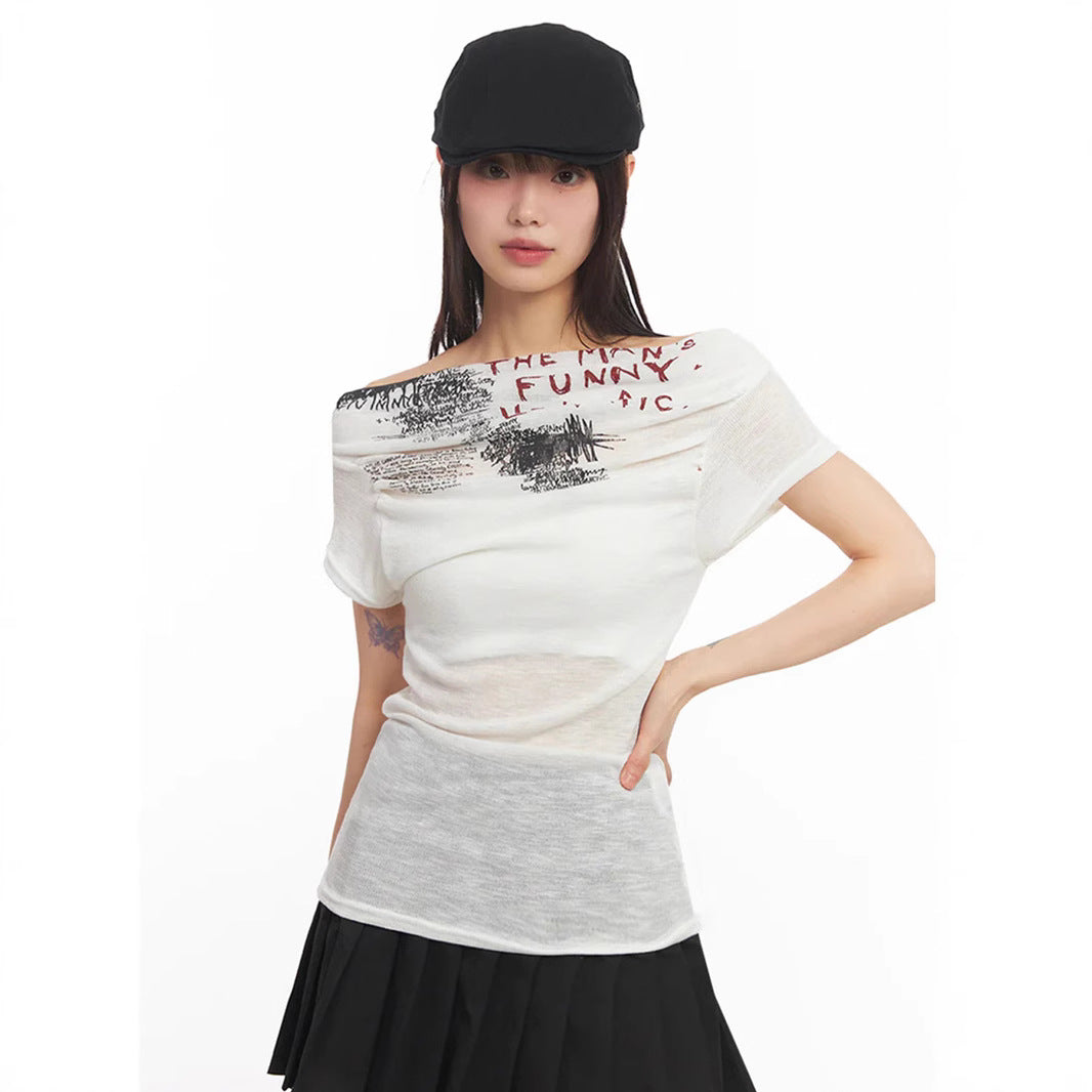 Damen Off-Shoulder Shirt mit grafischem Druck Drune