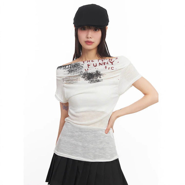 Damen Off-Shoulder Shirt mit grafischem Druck Drune