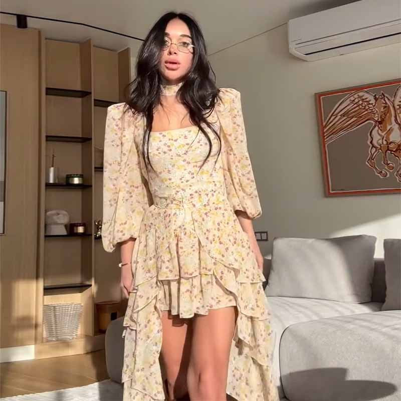 Damen Sommerkleid mit Rüschen und eleganten Puffärmeln Drune