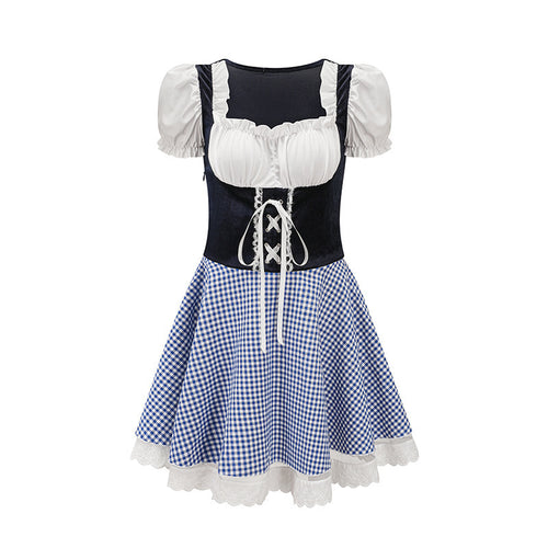 Damen nan bayerisch inspiriertes Mini-Dirndl mit geschnürtem Mieder, Puffärmeln und Vichykaro-Rock Drune