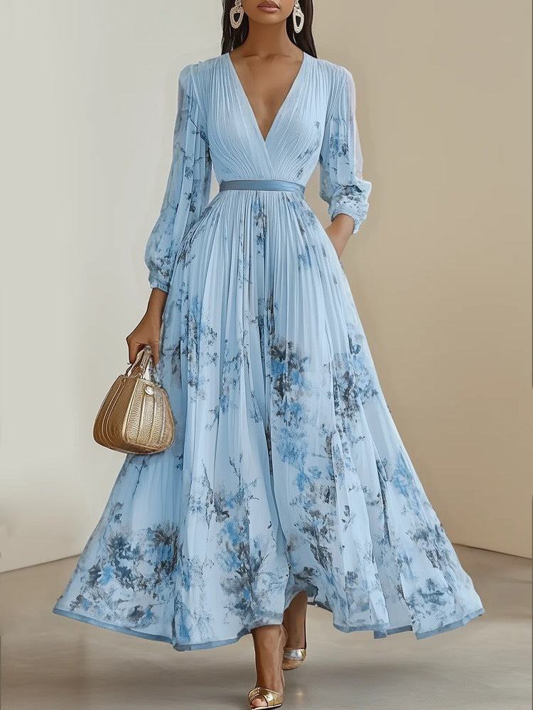 Damen Prachtvolles Maxikleid mit tiefem V-Ausschnitt und floralem Design Drune