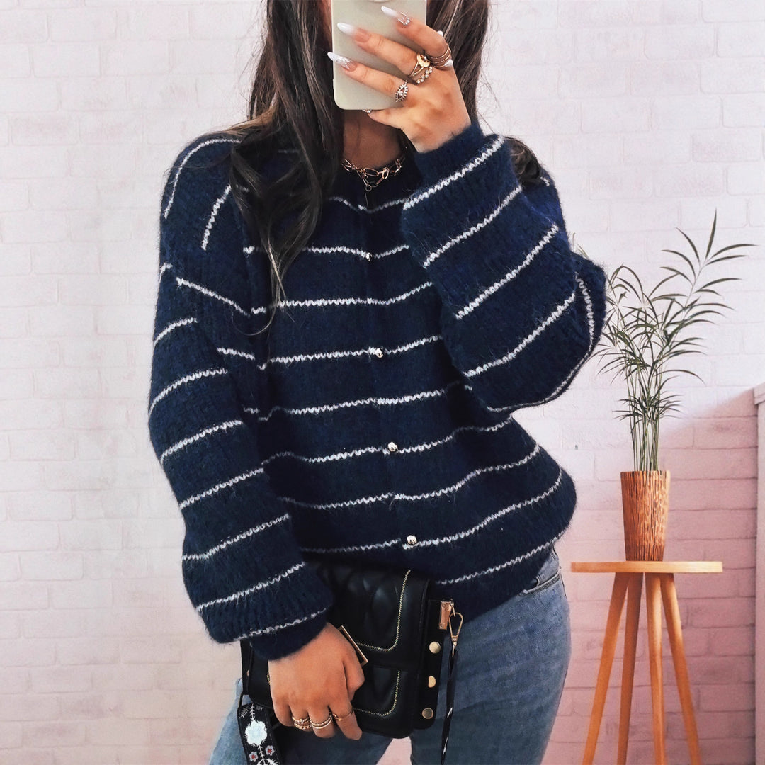 Damen gemütlicher Strickcardigan mit dekorativen Knöpfen und feinem Streifenmuster Drune