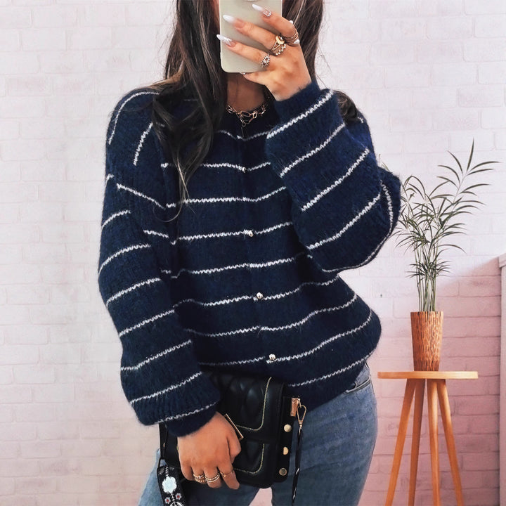 Damen gemütlicher Strickcardigan mit dekorativen Knöpfen und feinem Streifenmuster Drune