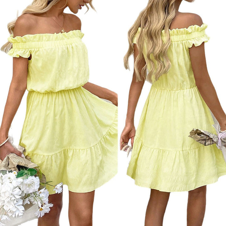 Damen kurzes Sommerkleid mit verspieltem Rüschensaum und schulterfreiem Design Drune