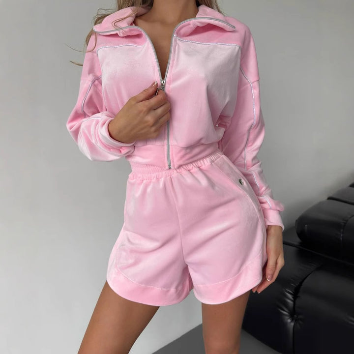 Damen sportliches Velours-Crop-Top und Shorts Set Drune