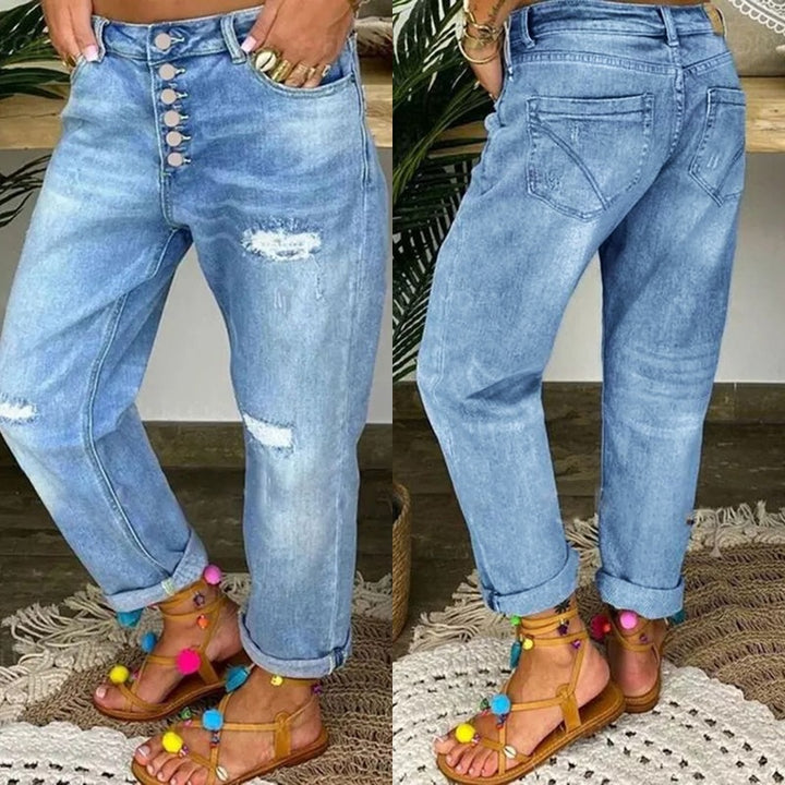 Damen Boyfriend Jeans mit Knopfverschluss und Distressed-Details Drune