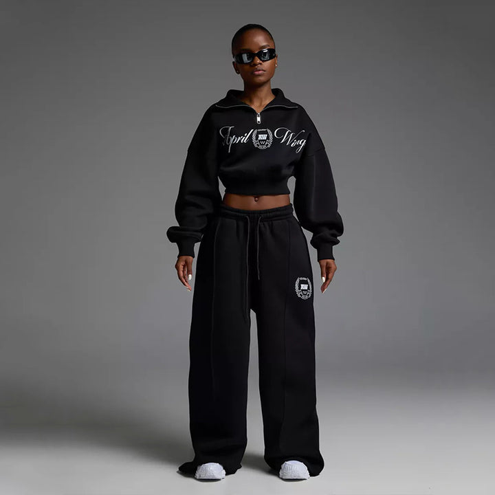 Damen Sportliches Cropped Sweatshirt und lässige Freizeithose Set Drune