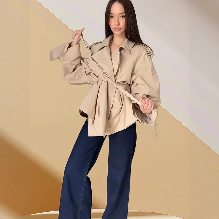 Damen Modische Oversized-Trenchjacke mit taillierbarem Gürtel und weiten Ärmeln Drune