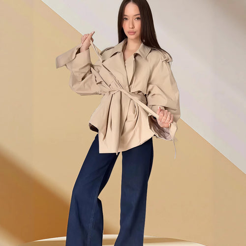 Damen Modische Oversized-Trenchjacke mit taillierbarem Gürtel und weiten Ärmeln Drune