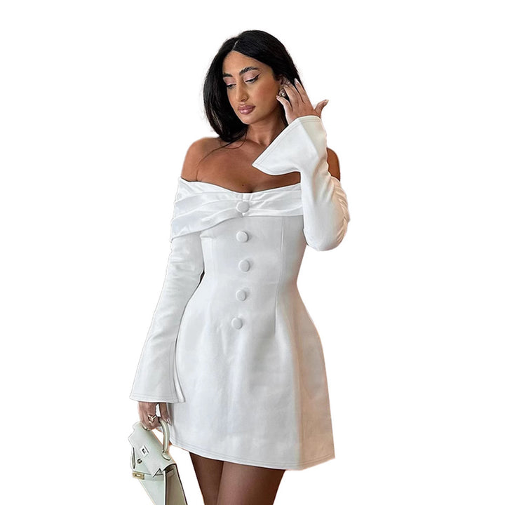 Damen schulterfreies Abendkleid mit elegantem Knopfdetail und weitem Rock Drune