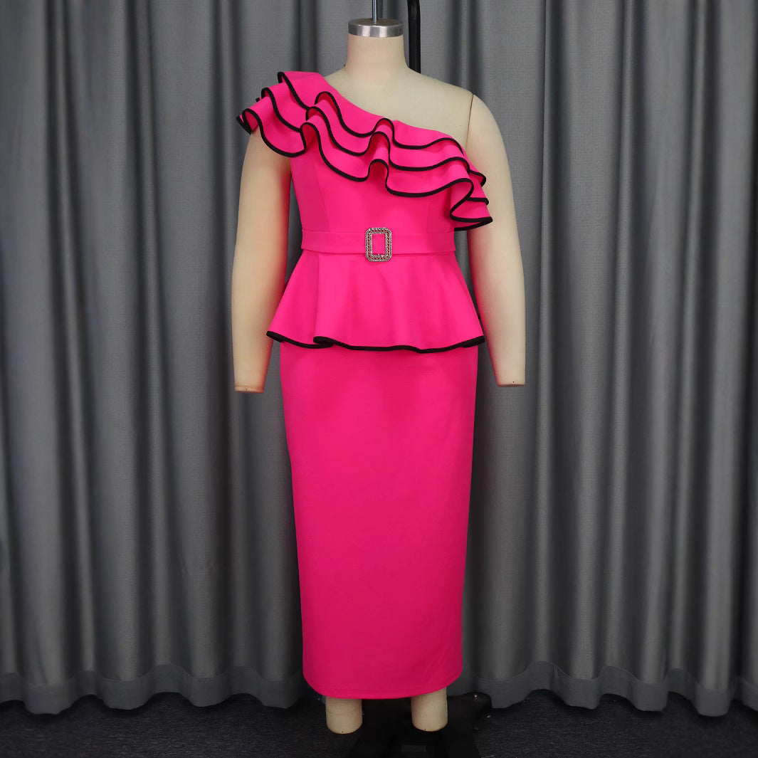 Damen Elegantes Abendkleid mit asymmetrischem Rüschendetail und dekorativem Gürtel Drune