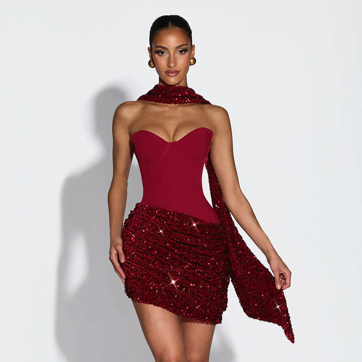 Damen Mini-Kleid mit schimmerndem Oberteil und figurbetontem Design Drune