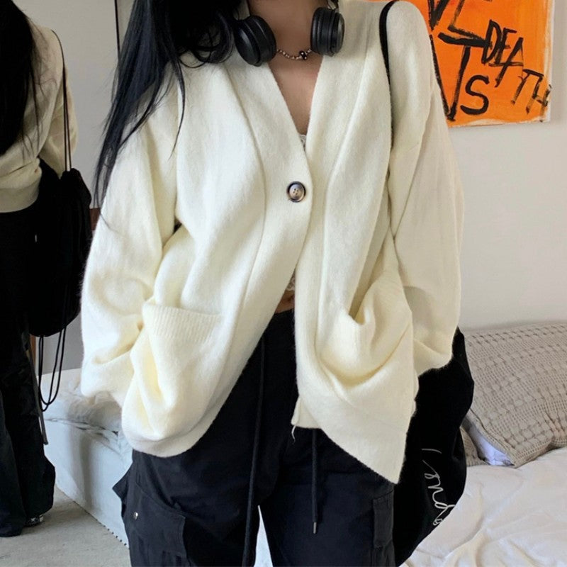 Damen kuschelige Strickjacke mit großen Taschen und durchgehendem Knopfverschluss Drune