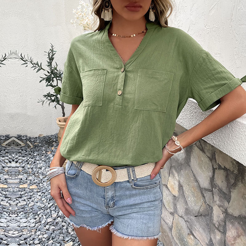 Damen Bluse mit knopfseitlichen Details und lässigem V-Ausschnitt Drune