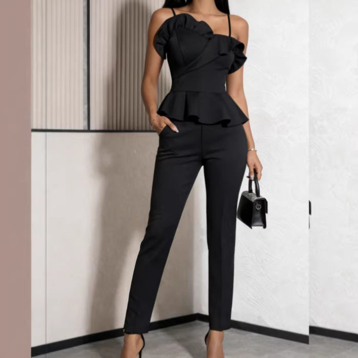 Damen elegantes Jumpsuit mit asymmetrischem Oberteil und Rüschendetails Drune
