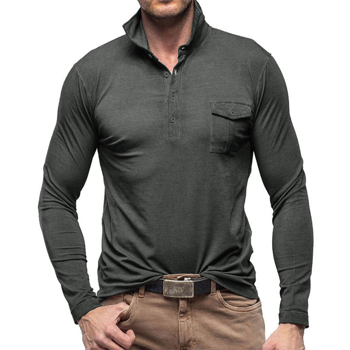 Drune | Henley Pique Shirt Lange Ärmel Moderner Kragen Brusttasche Normale Passform