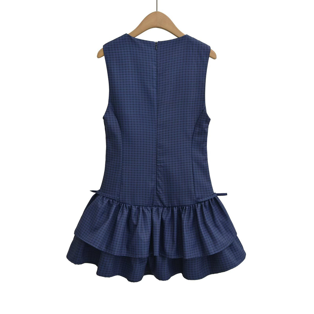 Damen Sommerkleid mit voluminösem Rüschenrock und modernem Karomuster Drune