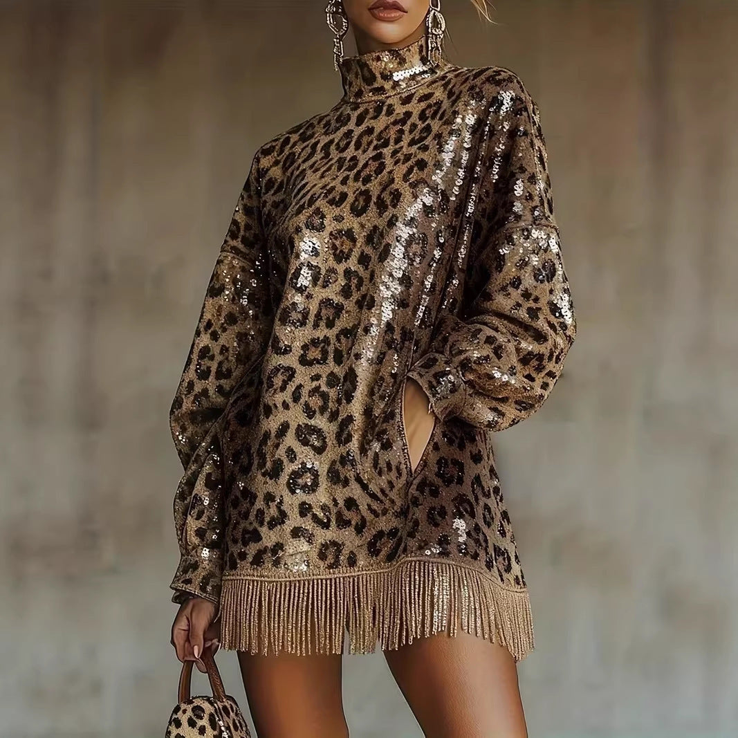 Damen Glitzerndes Kurzkleid mit Leopardenmuster und Fransen Drune