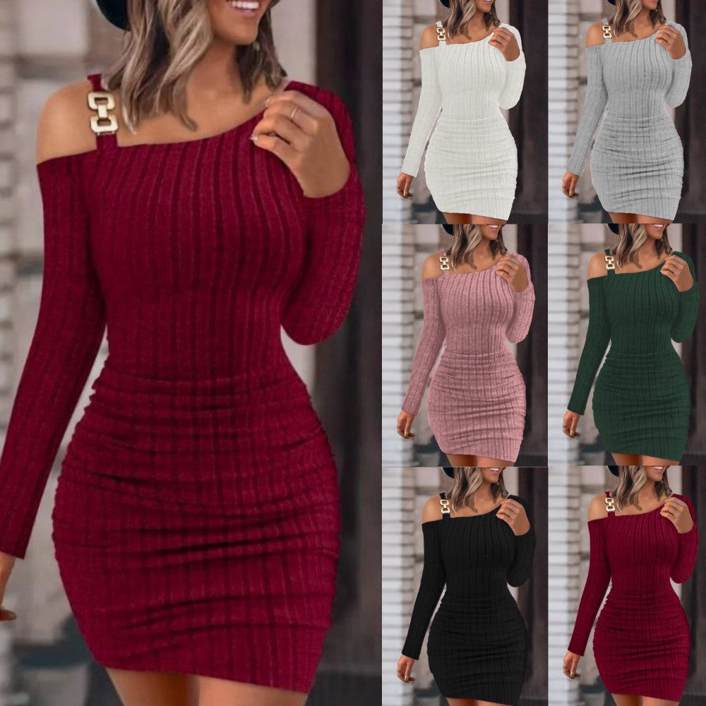 Damen figurbetontes Rippkleid mit schulterfreiem Design und modischen Details Drune
