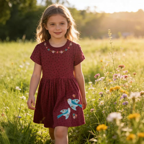 Mädchen Baumwollkleid mit süßen Vogel- und Blumenstickereien Drune
