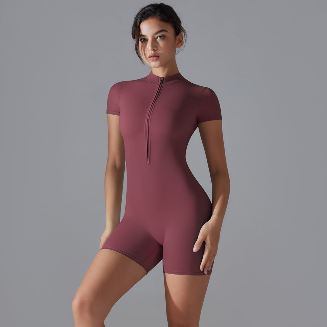 Damen Sportlicher Jumpsuit mit kurzem Arm und praktischem Reißverschluss Drune