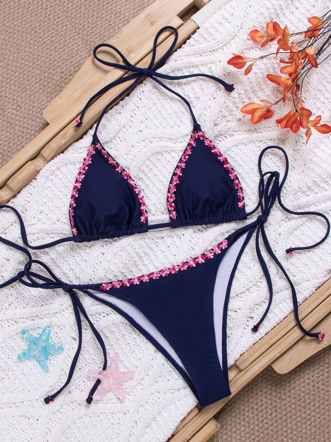 Damen Triangel-Bikini mit floralen Akzenten und verstellbaren Trägern Drune
