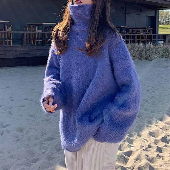 Damen Flauschiger Pullover mit Lockere Passform und Hohem Kragen Drune