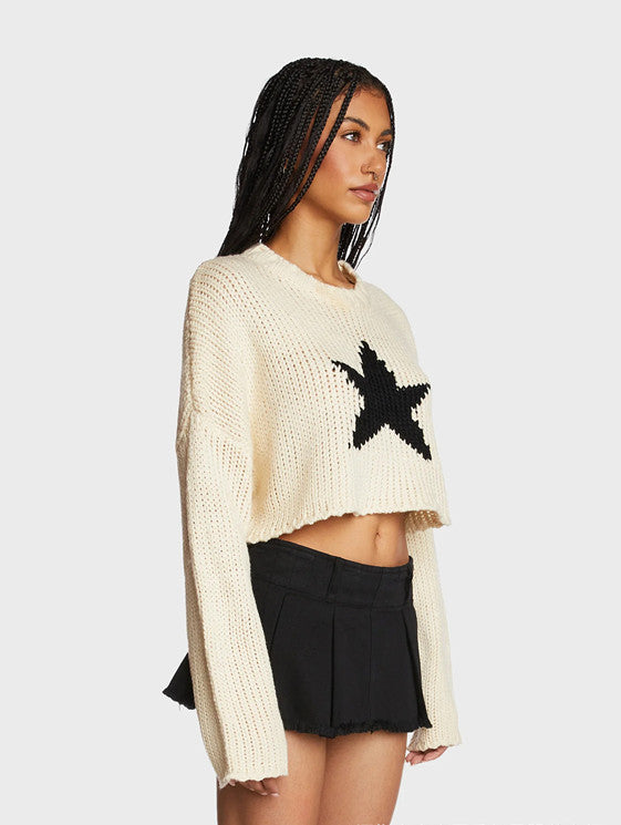 Damen modischer Grobstrickpullover mit trendy Sternenapplikation Drune