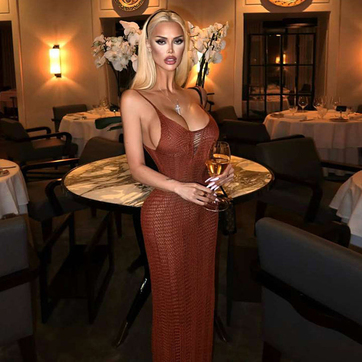 Damen Strick-Maxikleid mit raffiniertem Schnitt und tiefem Rückenausschnitt Drune